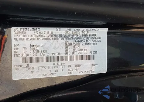 2012 Ford Focus Se z USA, uszkodzony, nr VIN 1FAHP3K28CL306676